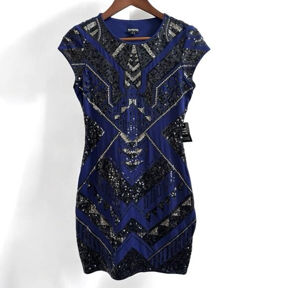 Express NWT Sequin Aztec Art Deco Mini Dress Blue Black Bodycon Party Size Small - Picture 1 of 11